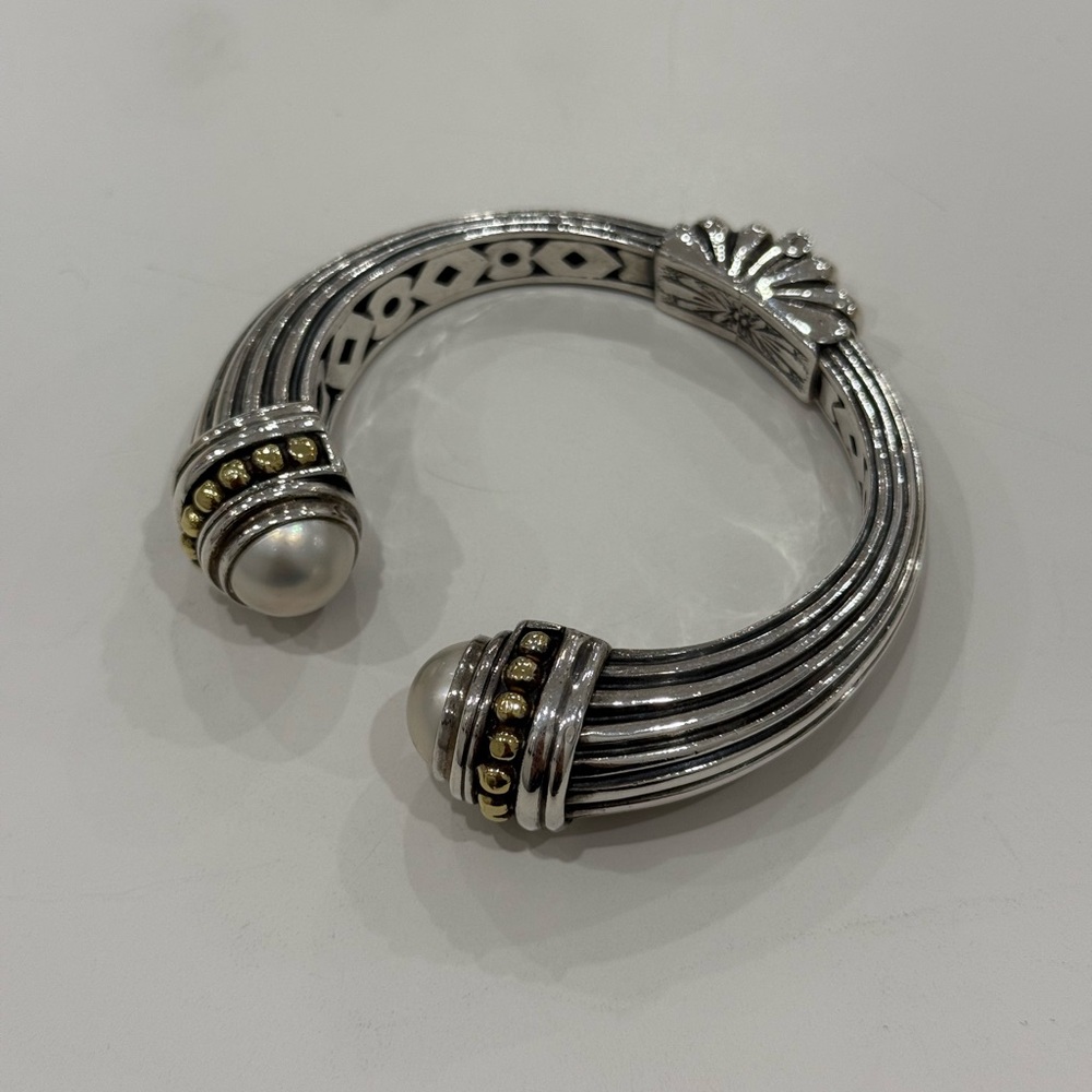 LAGOS Silver Tone Cuff Bracelet with Pearl End Caps and Gold Accents - Picture 2 of 6